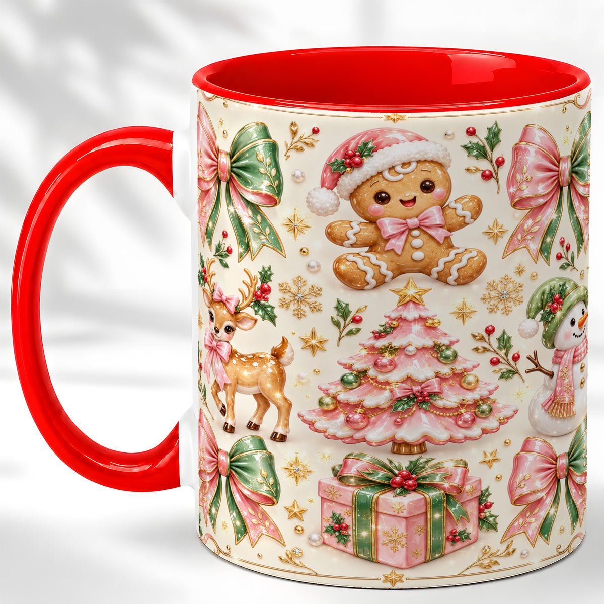 Pink Christmas Coffee Mug, Festive Gingerbread Mug, Ceramic Cup