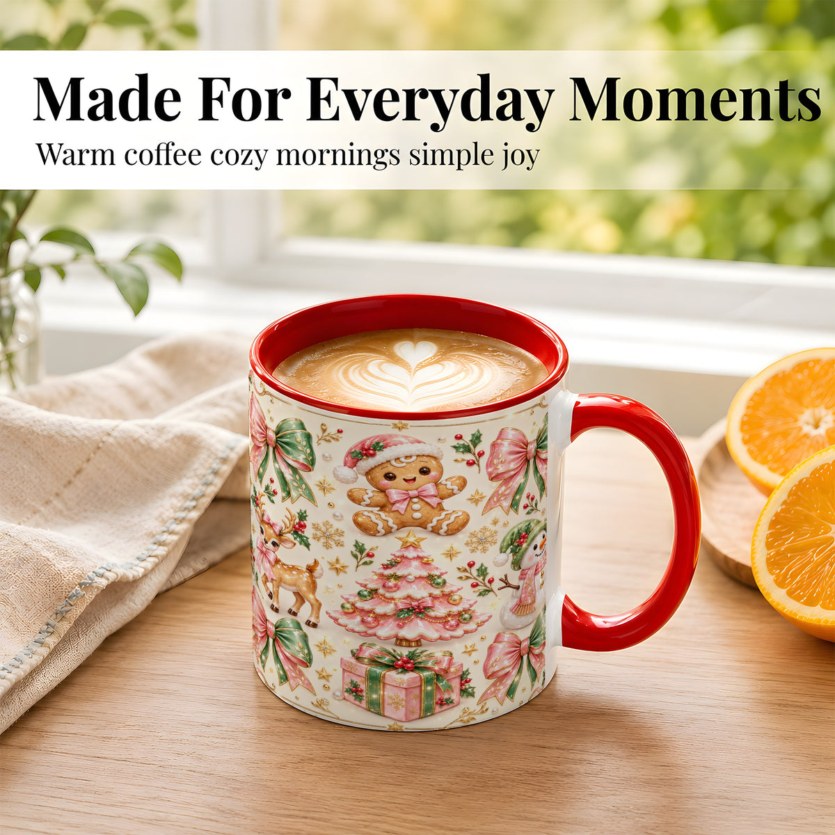 #pl[11oz|Red] Pink Christmas Coffee Mug, Festive Gingerbread Mug, Ceramic Cup