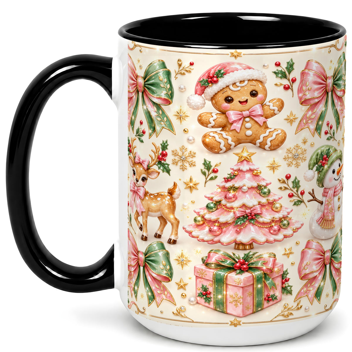 #pl[15oz|Black] Pink Christmas Coffee Mug, Festive Gingerbread Mug, Ceramic Cup