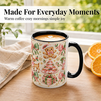 #pl[15oz|Black] Pink Christmas Coffee Mug, Festive Gingerbread Mug, Ceramic Cup