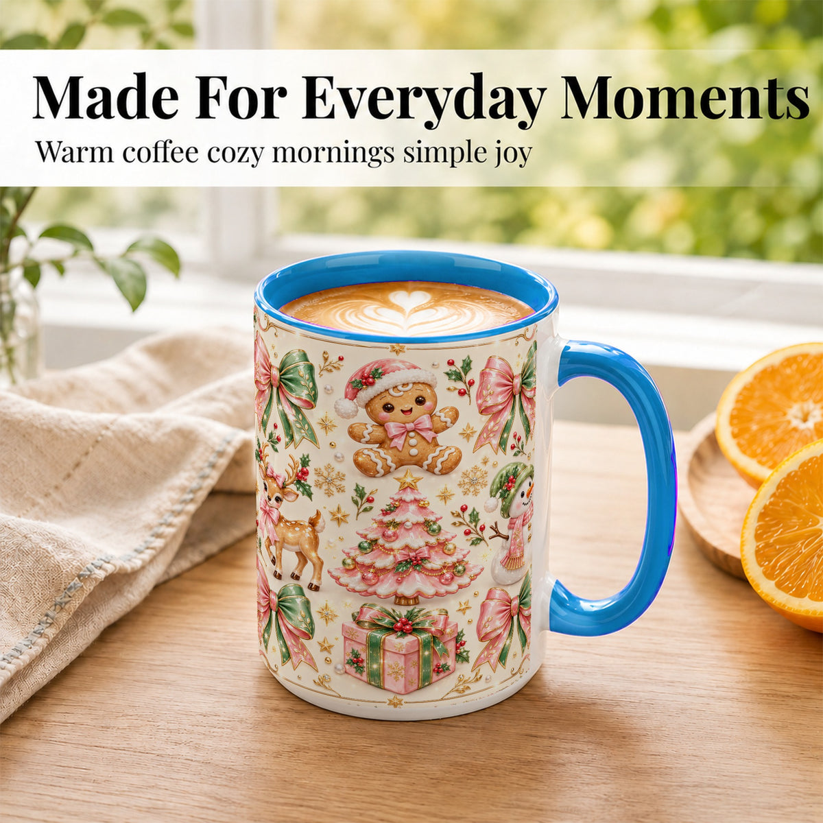 #pl[15oz|Blue] Pink Christmas Coffee Mug, Festive Gingerbread Mug, Ceramic Cup