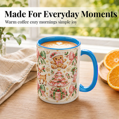 #pl[15oz|Blue] Pink Christmas Coffee Mug, Festive Gingerbread Mug, Ceramic Cup