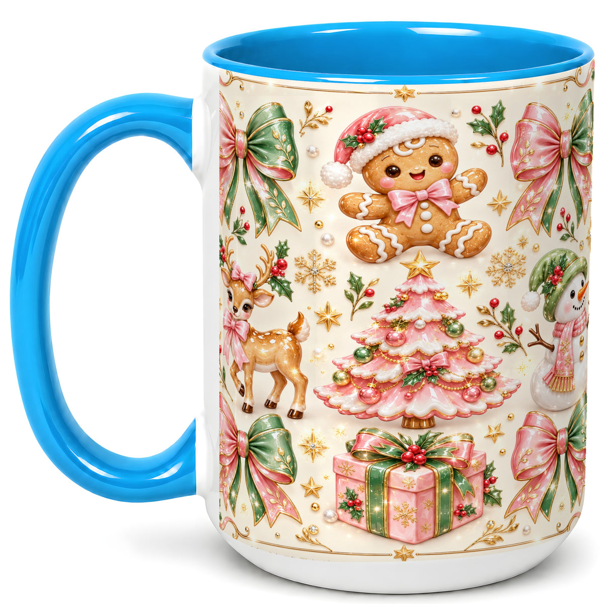 #pl[15oz|Blue] Pink Christmas Coffee Mug, Festive Gingerbread Mug, Ceramic Cup