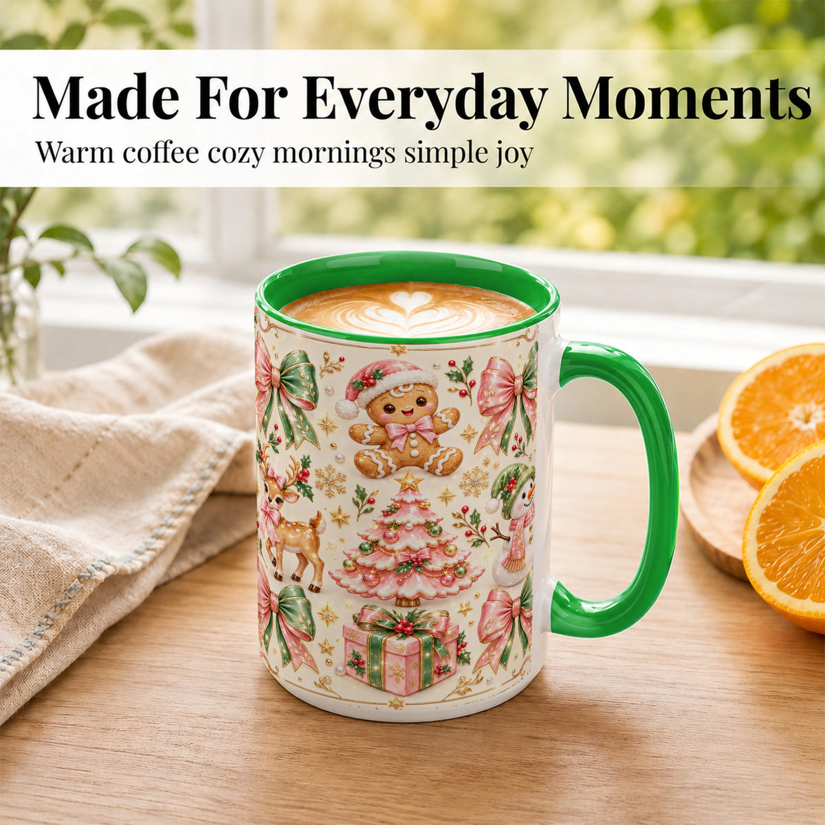 #pl[15oz|Green] Pink Christmas Coffee Mug, Festive Gingerbread Mug, Ceramic Cup
