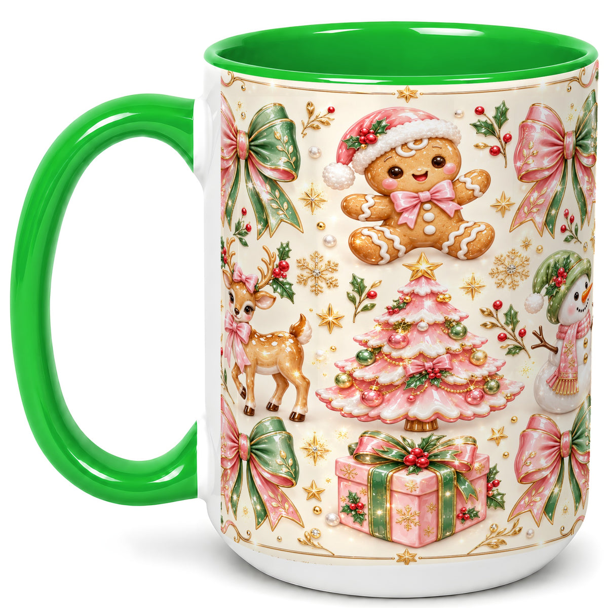 #pl[15oz|Green] Pink Christmas Coffee Mug, Festive Gingerbread Mug, Ceramic Cup