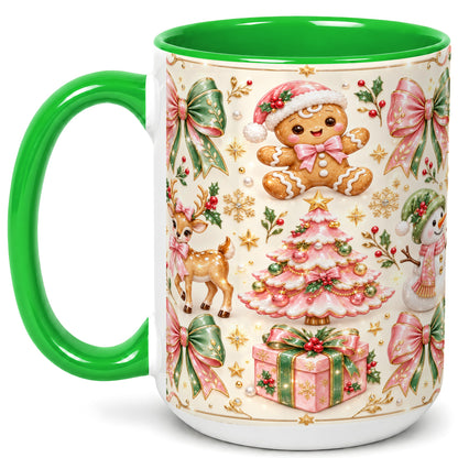 #pl[15oz|Green] Pink Christmas Coffee Mug, Festive Gingerbread Mug, Ceramic Cup