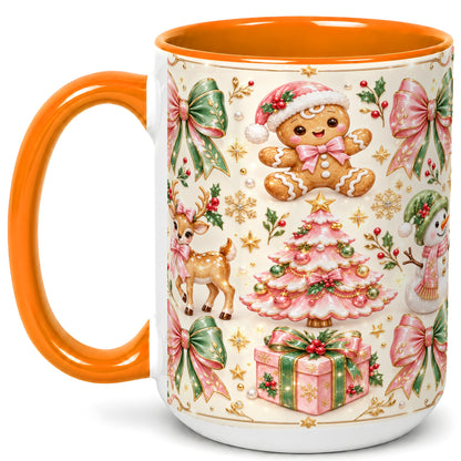 #pl[15oz|Orange] Pink Christmas Coffee Mug, Festive Gingerbread Mug, Ceramic Cup