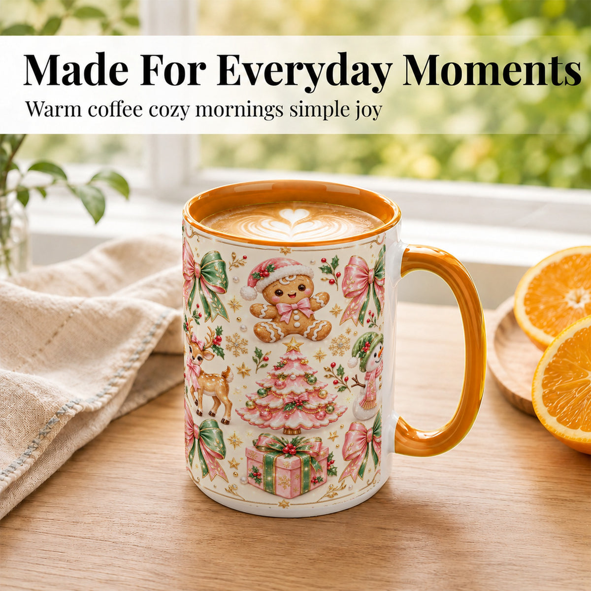#pl[15oz|Orange] Pink Christmas Coffee Mug, Festive Gingerbread Mug, Ceramic Cup