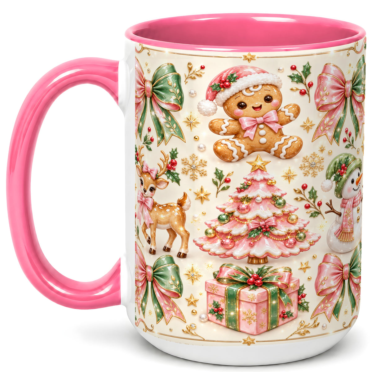 #pl[15oz|Pink] Pink Christmas Coffee Mug, Festive Gingerbread Mug, Ceramic Cup