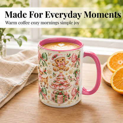 #pl[15oz|Pink] Pink Christmas Coffee Mug, Festive Gingerbread Mug, Ceramic Cup