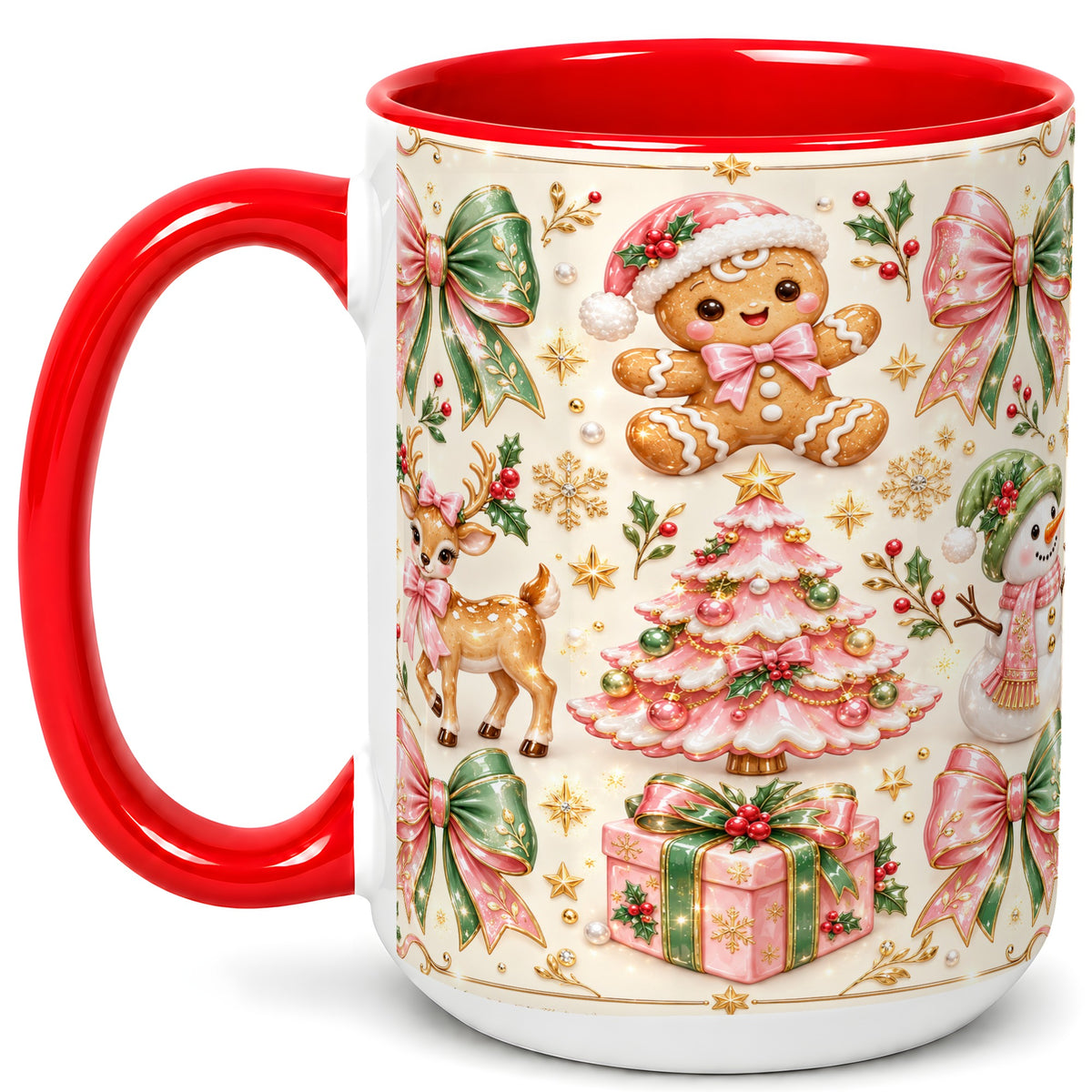 #pl[15oz|Red] Pink Christmas Coffee Mug, Festive Gingerbread Mug, Ceramic Cup