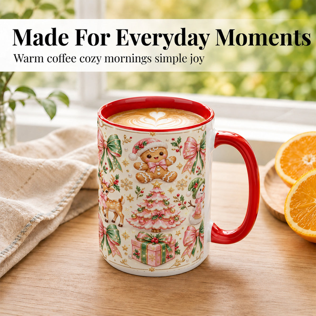 #pl[15oz|Red] Pink Christmas Coffee Mug, Festive Gingerbread Mug, Ceramic Cup