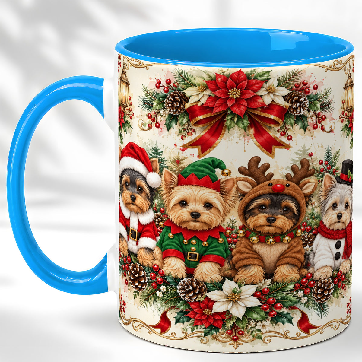 #pl[11oz|Blue] Yorkie Christmas Coffee Mug, Yorkshire Terrier Mug, Ceramic Cup