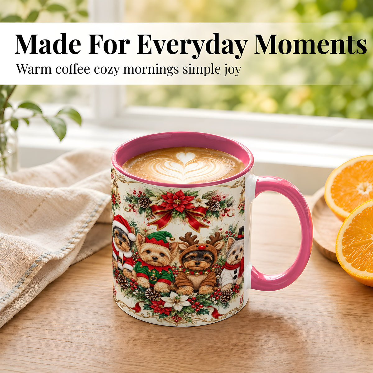 #pl[11oz|Pink] Yorkie Christmas Coffee Mug, Yorkshire Terrier Mug, Ceramic Cup