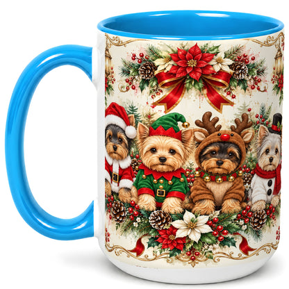 #pl[15oz|Blue] Yorkie Christmas Coffee Mug, Yorkshire Terrier Mug, Ceramic Cup