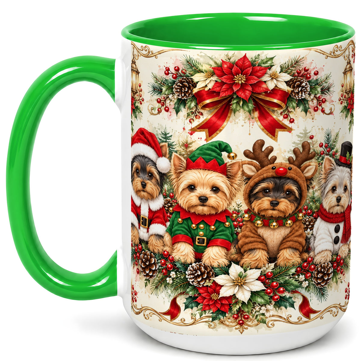 #pl[15oz|Green] Yorkie Christmas Coffee Mug, Yorkshire Terrier Mug, Ceramic Cup