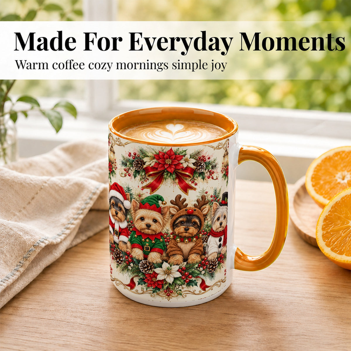 #pl[15oz|Orange] Yorkie Christmas Coffee Mug, Yorkshire Terrier Mug, Ceramic Cup