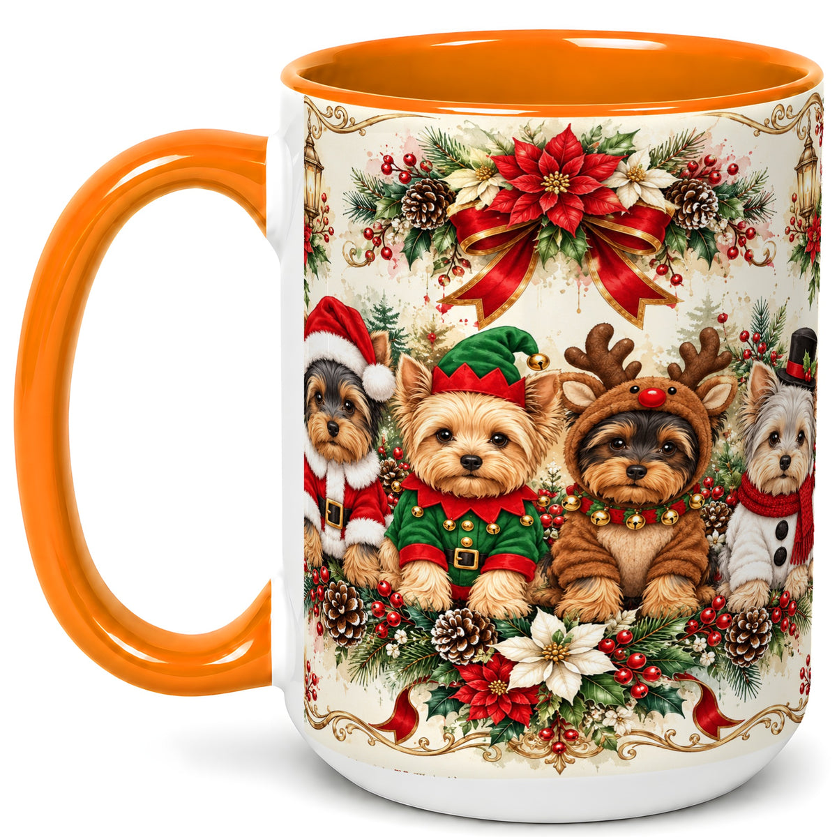 #pl[15oz|Orange] Yorkie Christmas Coffee Mug, Yorkshire Terrier Mug, Ceramic Cup