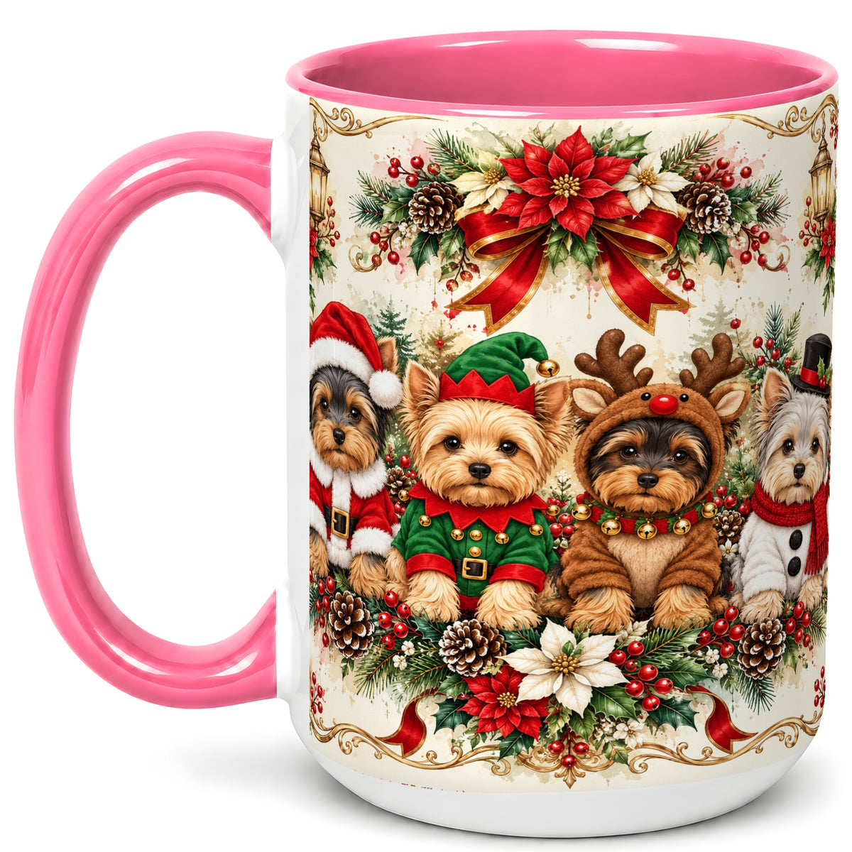 #pl[15oz|Pink] Yorkie Christmas Coffee Mug, Yorkshire Terrier Mug, Ceramic Cup