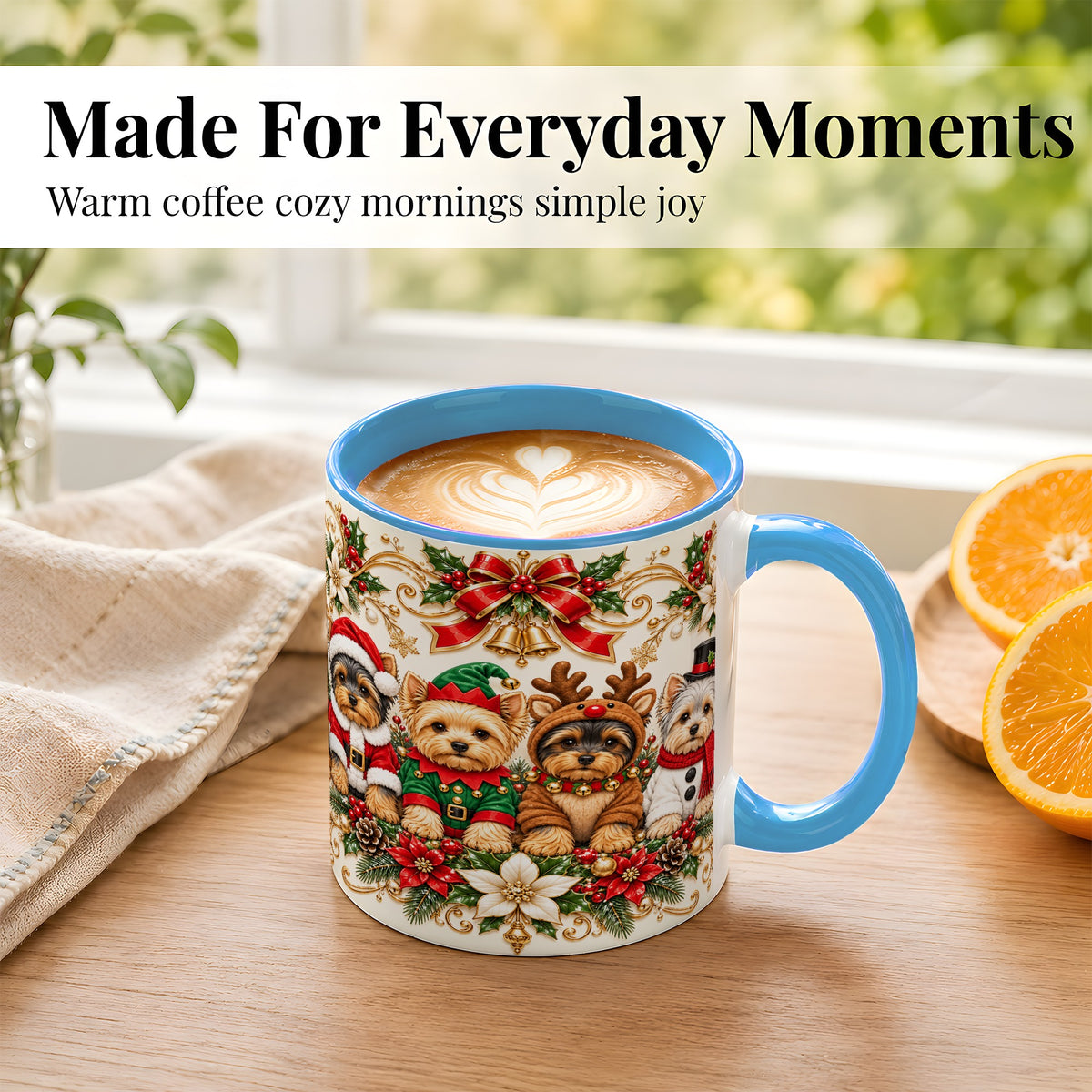 #pl[11oz|Blue] Christmas Yorkie Coffee Mug, Festive Yorkshire Terrier Mug, Ceramic Cup