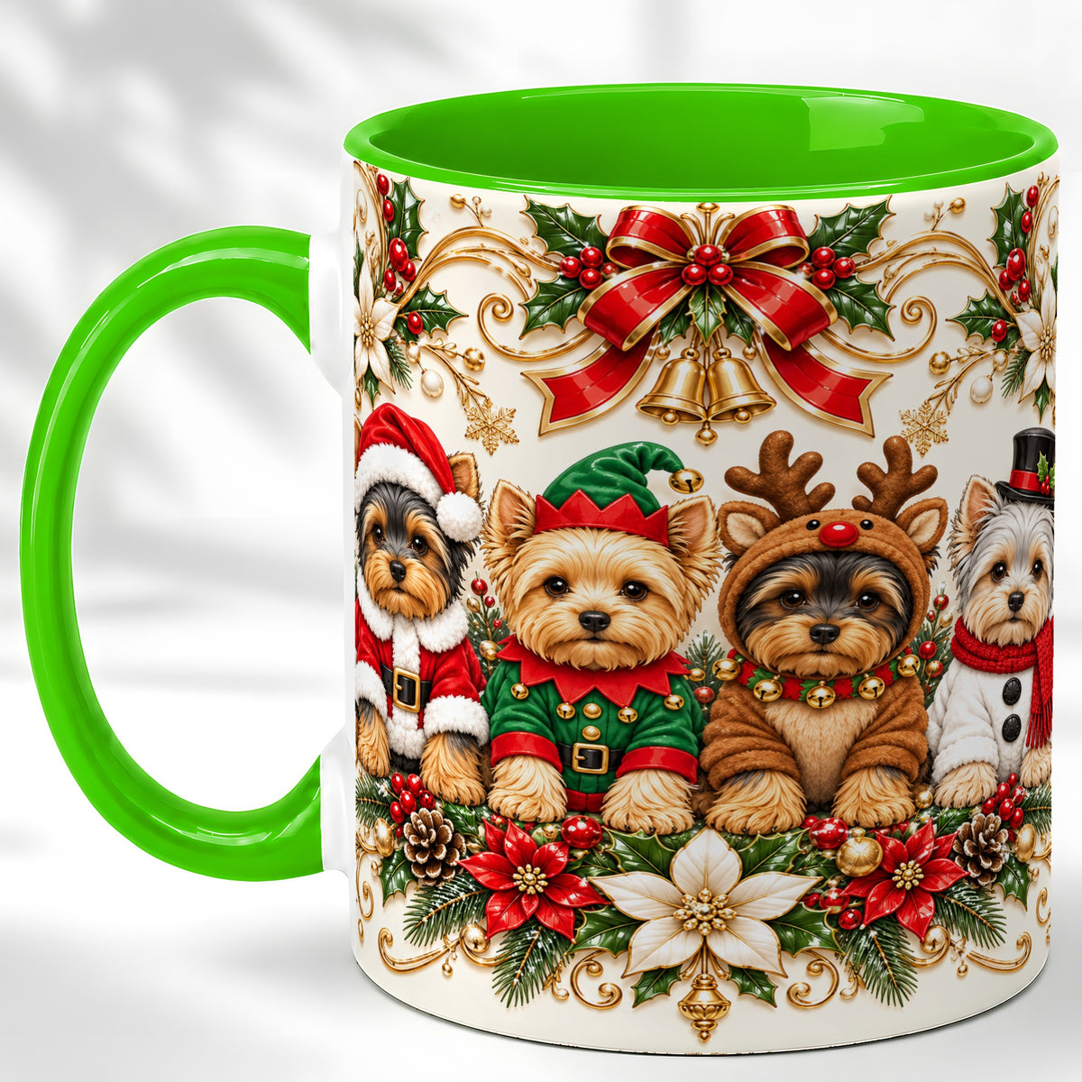 #pl[11oz|Green] Christmas Yorkie Coffee Mug, Festive Yorkshire Terrier Mug, Ceramic Cup