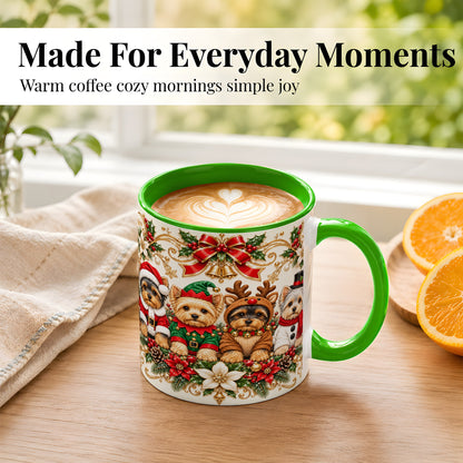#pl[11oz|Green] Christmas Yorkie Coffee Mug, Festive Yorkshire Terrier Mug, Ceramic Cup