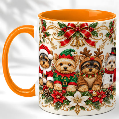 #pl[11oz|Orange] Christmas Yorkie Coffee Mug, Festive Yorkshire Terrier Mug, Ceramic Cup
