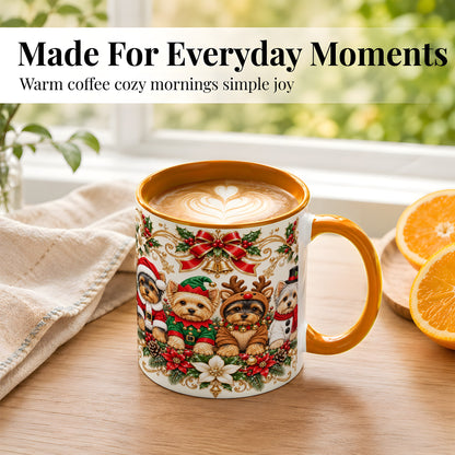 #pl[11oz|Orange] Christmas Yorkie Coffee Mug, Festive Yorkshire Terrier Mug, Ceramic Cup