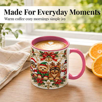 #pl[11oz|Pink] Christmas Yorkie Coffee Mug, Festive Yorkshire Terrier Mug, Ceramic Cup