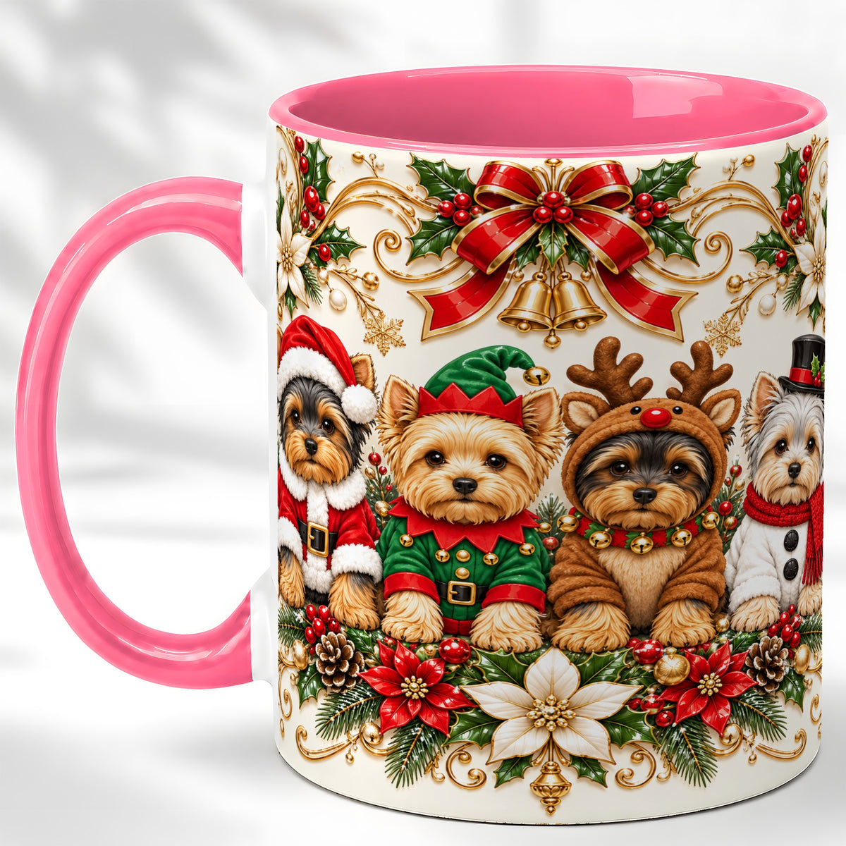 #pl[11oz|Pink] Christmas Yorkie Coffee Mug, Festive Yorkshire Terrier Mug, Ceramic Cup