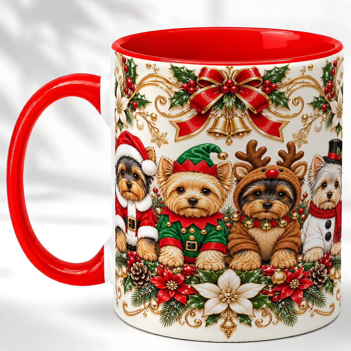 Christmas Yorkie Coffee Mug, Festive Yorkshire Terrier Mug, Ceramic Cup