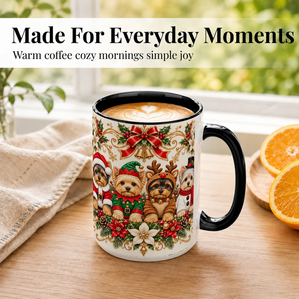 #pl[15oz|Black] Christmas Yorkie Coffee Mug, Festive Yorkshire Terrier Mug, Ceramic Cup