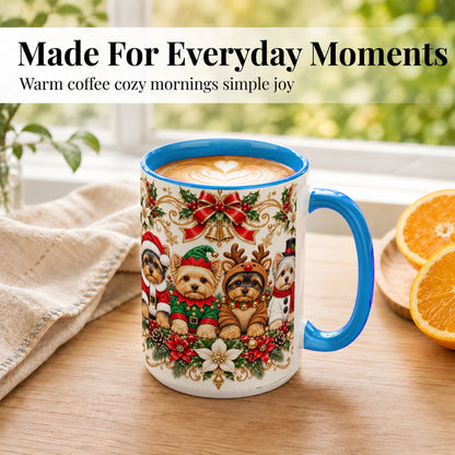#pl[15oz|Blue] Christmas Yorkie Coffee Mug, Festive Yorkshire Terrier Mug, Ceramic Cup