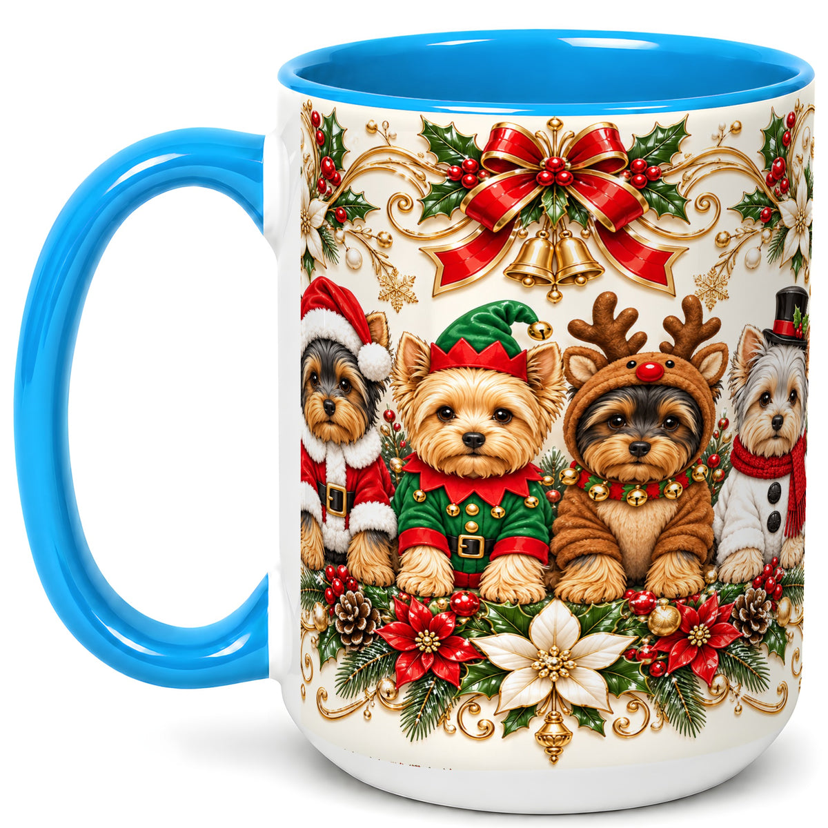 #pl[15oz|Blue] Christmas Yorkie Coffee Mug, Festive Yorkshire Terrier Mug, Ceramic Cup