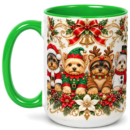 #pl[15oz|Green] Christmas Yorkie Coffee Mug, Festive Yorkshire Terrier Mug, Ceramic Cup