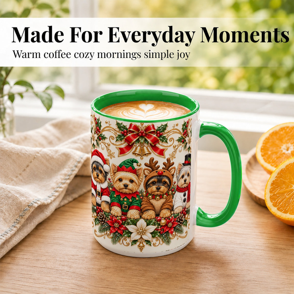#pl[15oz|Green] Christmas Yorkie Coffee Mug, Festive Yorkshire Terrier Mug, Ceramic Cup