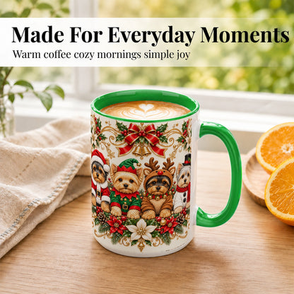 #pl[15oz|Green] Christmas Yorkie Coffee Mug, Festive Yorkshire Terrier Mug, Ceramic Cup