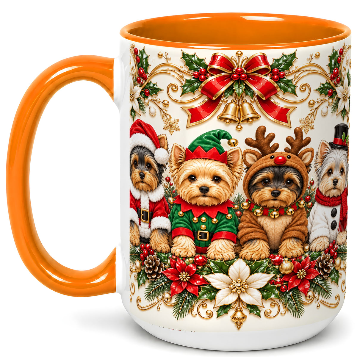 #pl[15oz|Orange] Christmas Yorkie Coffee Mug, Festive Yorkshire Terrier Mug, Ceramic Cup