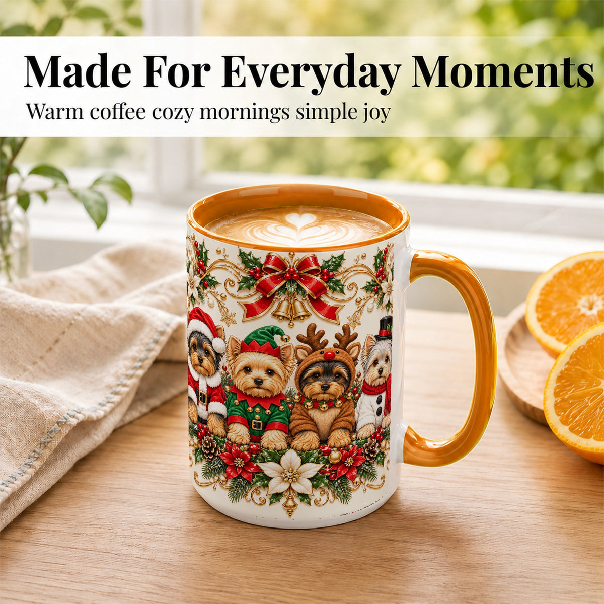 #pl[15oz|Orange] Christmas Yorkie Coffee Mug, Festive Yorkshire Terrier Mug, Ceramic Cup