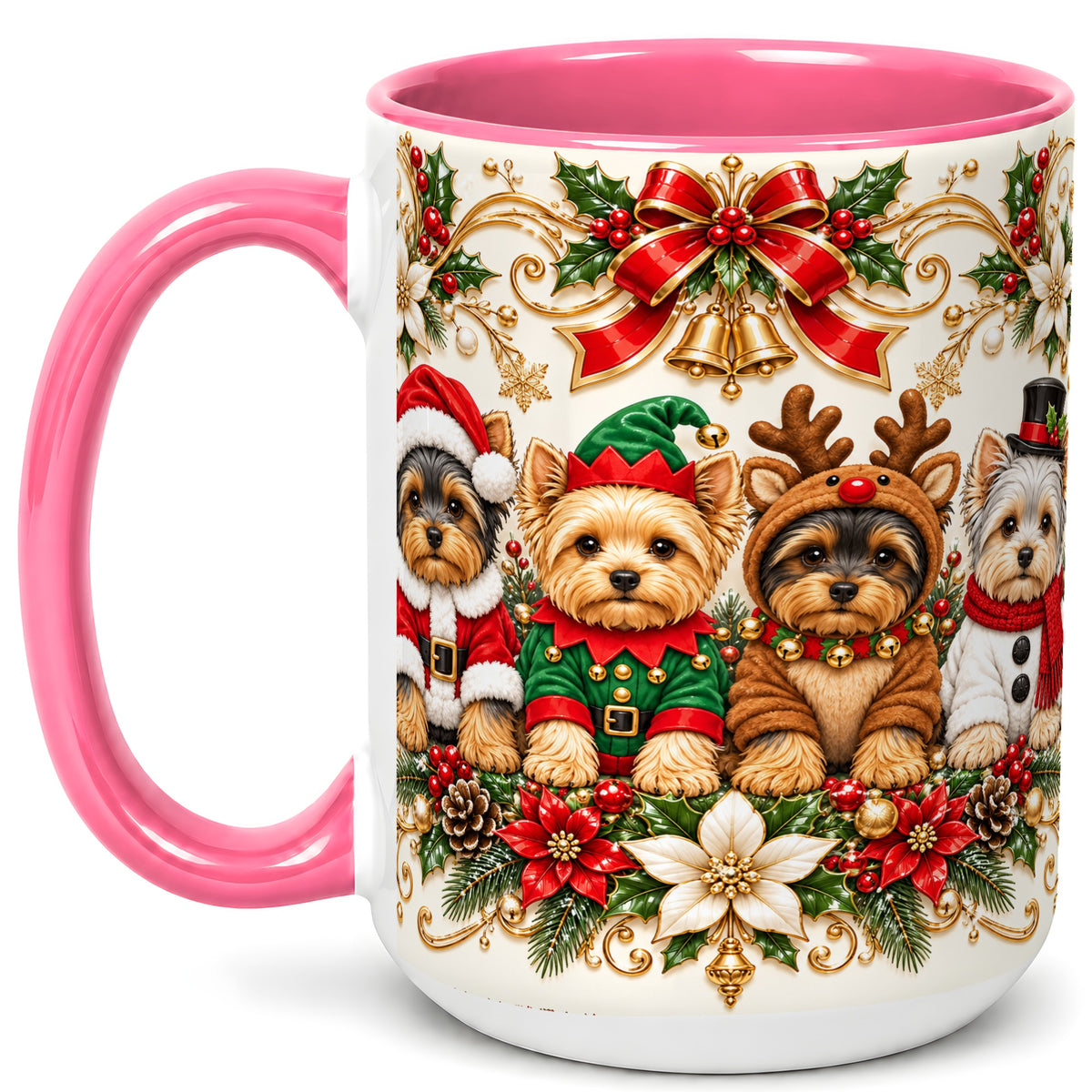 #pl[15oz|Pink] Christmas Yorkie Coffee Mug, Festive Yorkshire Terrier Mug, Ceramic Cup