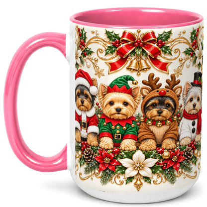 #pl[15oz|Pink] Christmas Yorkie Coffee Mug, Festive Yorkshire Terrier Mug, Ceramic Cup