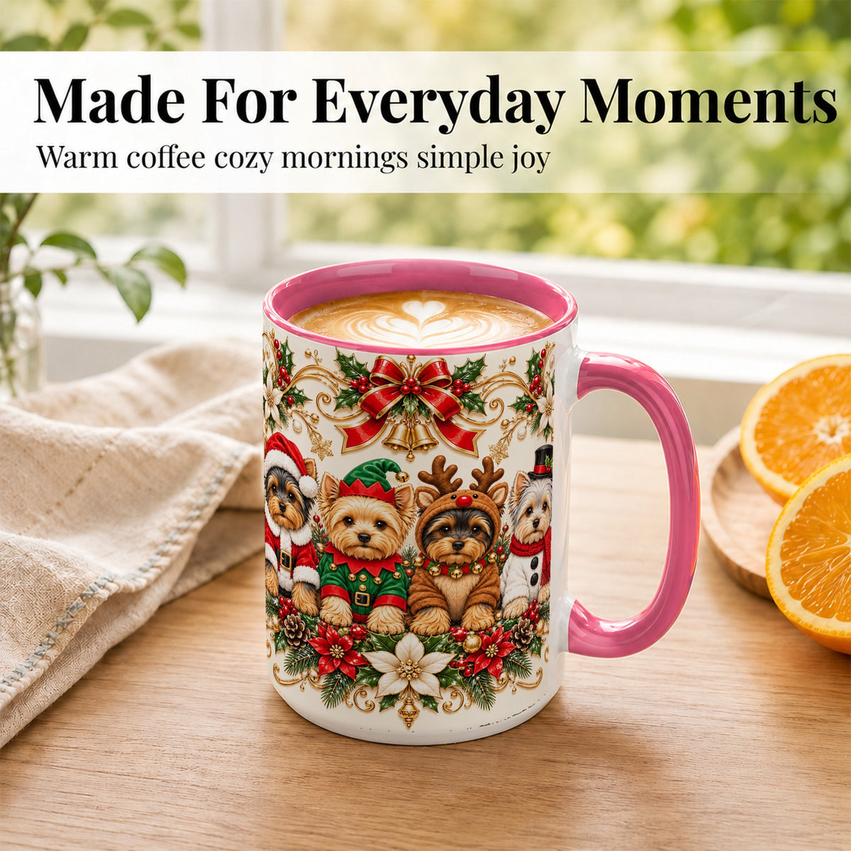 #pl[15oz|Pink] Christmas Yorkie Coffee Mug, Festive Yorkshire Terrier Mug, Ceramic Cup