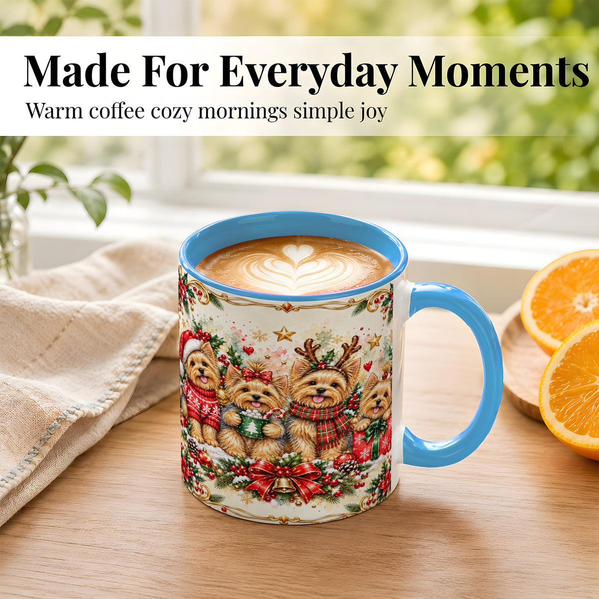 #pl[11oz|Blue] Christmas Yorkie Coffee Mug, Winter Puppy Mug, Ceramic Cup