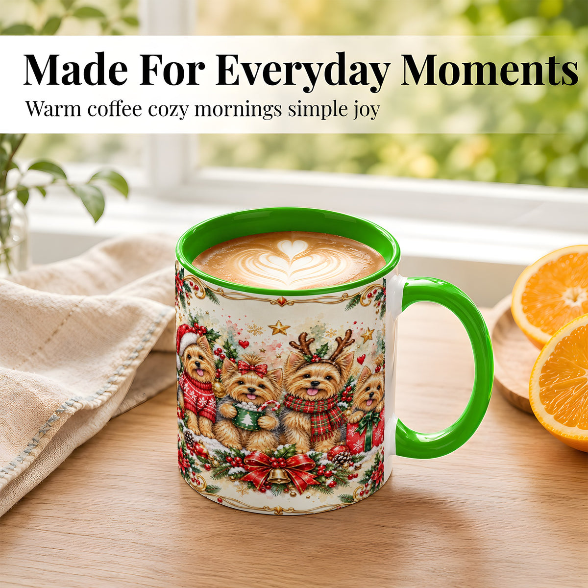 #pl[11oz|Green] Christmas Yorkie Coffee Mug, Winter Puppy Mug, Ceramic Cup