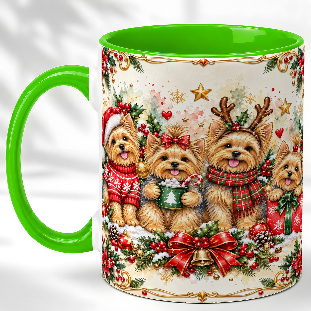 #pl[11oz|Green] Christmas Yorkie Coffee Mug, Winter Puppy Mug, Ceramic Cup