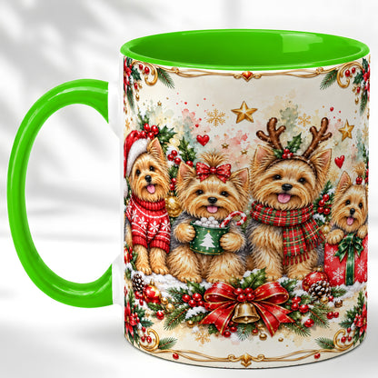 #pl[11oz|Green] Christmas Yorkie Coffee Mug, Winter Puppy Mug, Ceramic Cup