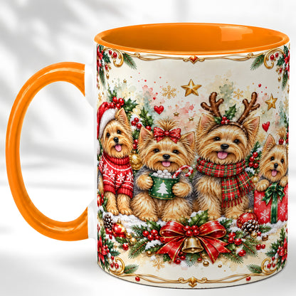 #pl[11oz|Orange] Christmas Yorkie Coffee Mug, Winter Puppy Mug, Ceramic Cup