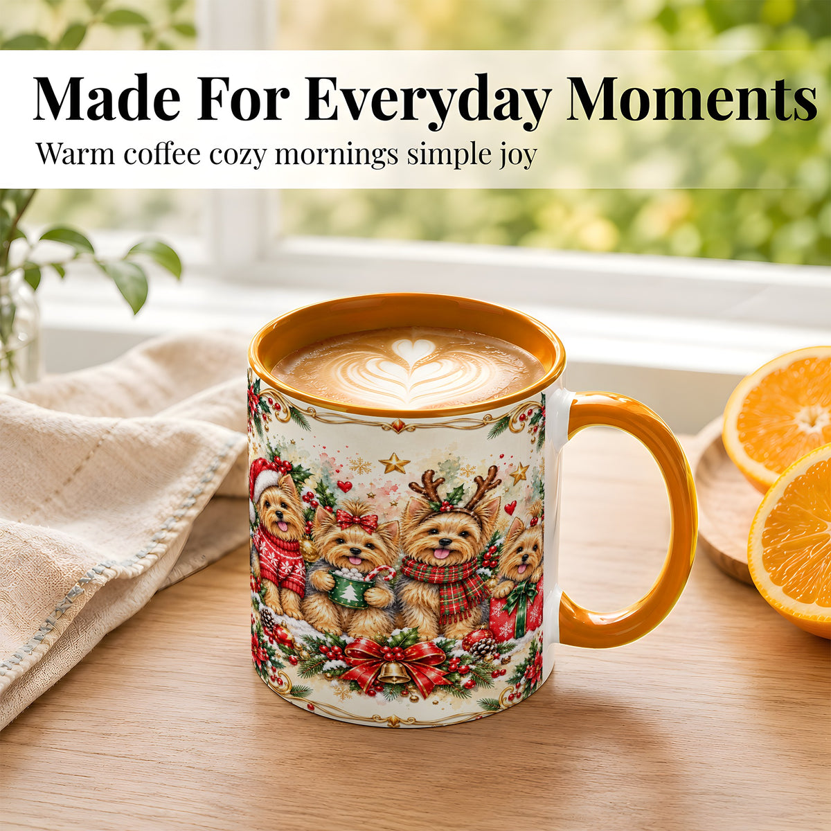 #pl[11oz|Orange] Christmas Yorkie Coffee Mug, Winter Puppy Mug, Ceramic Cup