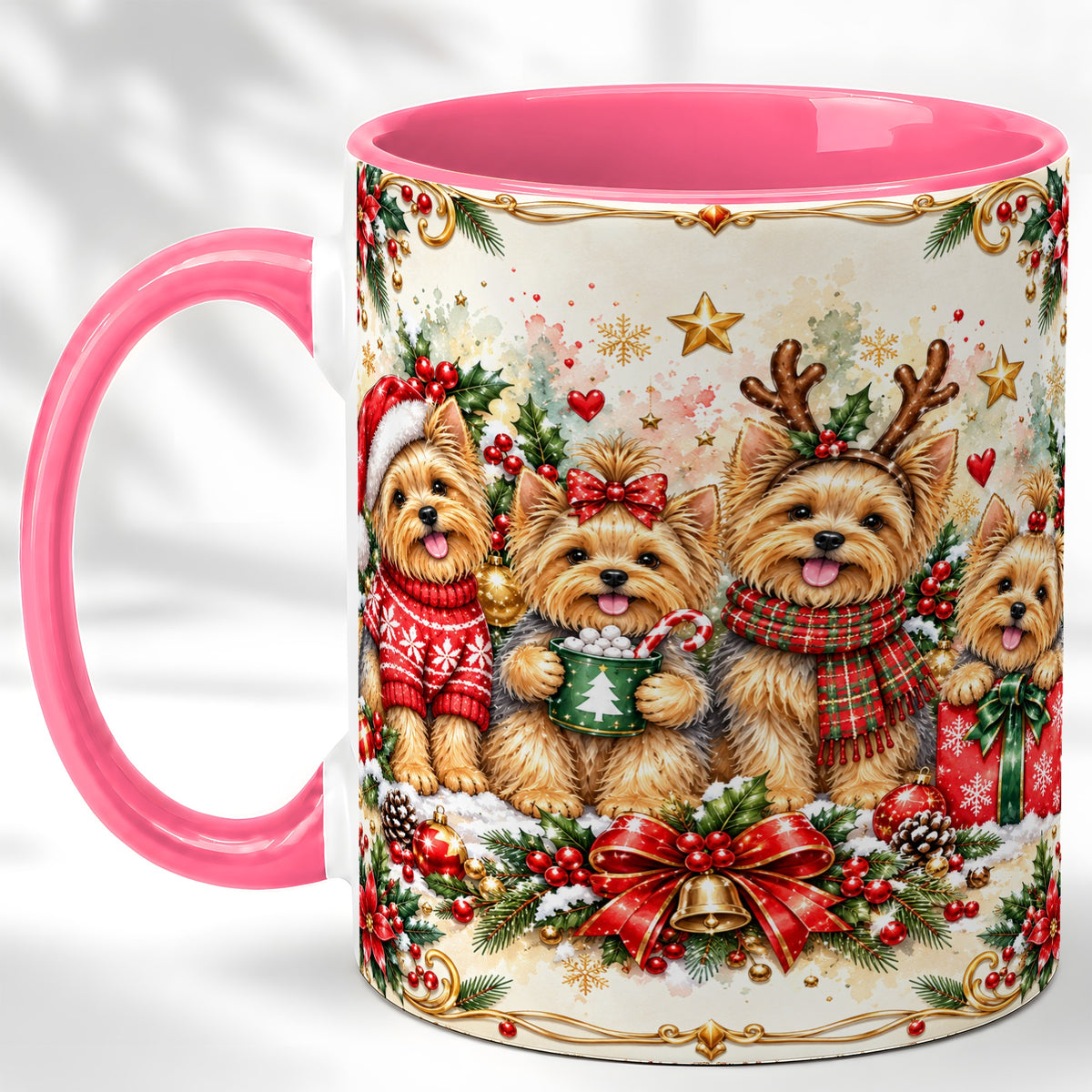 #pl[11oz|Pink] Christmas Yorkie Coffee Mug, Winter Puppy Mug, Ceramic Cup