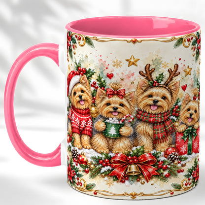 #pl[11oz|Pink] Christmas Yorkie Coffee Mug, Winter Puppy Mug, Ceramic Cup